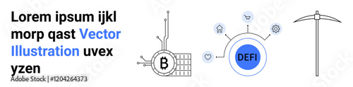 Bitcoin symbol with circuitry, decentralized finance DeFi concept with icons, and mining pickaxe. Ideal for fintech, blockchain, investment, financial technology, banking, digital currencies