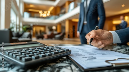 Business meeting with document signing in office lobby
