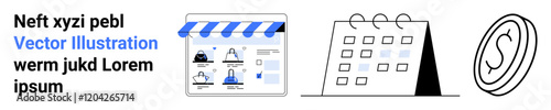 E-commerce storefront webpage, calendar with date slots, and coin triangle. Ideal for online shopping, scheduling, financial planning, digital marketing, business strategy, time management