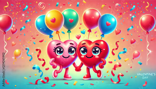A cartoon-style illustration of smiling heart characters holding hands, surrounded by confetti and colorful balloons. cartoon hearts holding hands in a cheerful, confetti, balloons for Valentine's Day