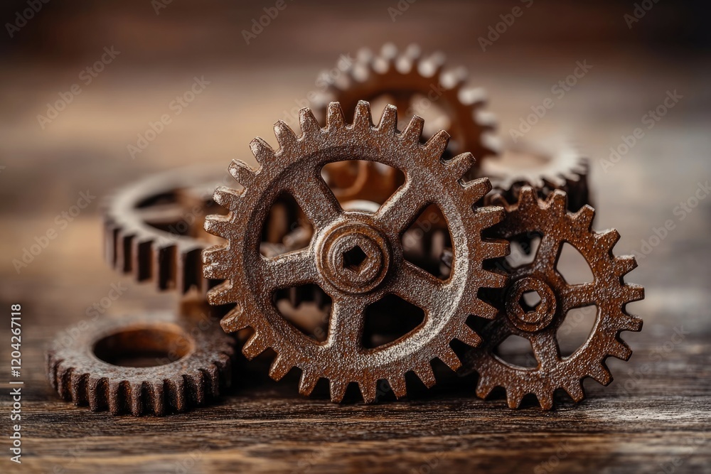 Rusty gears interlock on a dark wooden surface, symbolizing machinery and industry. Rusty gears interlock on a dark wooden surface, symbolizing machinery and industry.