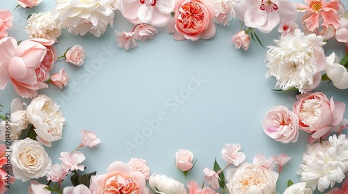 Pastel Floral Arrangement with Soft Pink and White Blooms on Blue