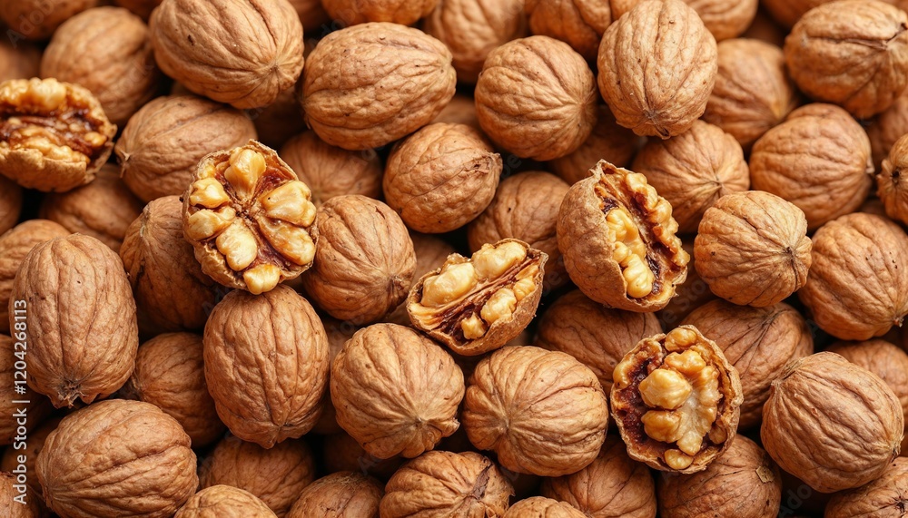Close-up of walnuts, highlighting texture and natural, raw ingredients, emphasizing their nutritional value as a healthy snack Close-up of walnuts, highlighting texture and natural, raw ingredients, emphasizing their nutritional value as a healthy snack