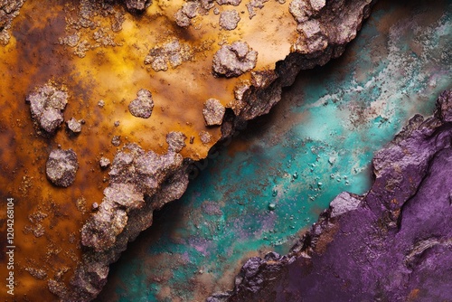 Wallpaper Mural Abstract art depicting a rocky landscape with golden, teal, and purple hues, creating a surreal and textured scene. Torontodigital.ca