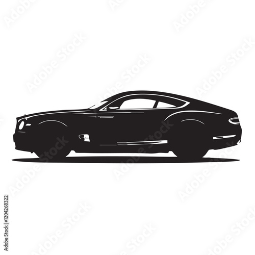 Sleek Black Luxury Coupe: Side Profile View with Minimalist Design and High-Contrast Silhouette. Automotive Illustration Featuring Clean Lines and Sporty Monochromatic Aesthetic on White Background.