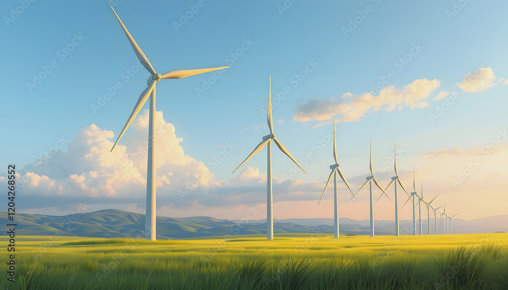 clean energy wind turbines on a green grass field, comic art, with white tones clean energy wind turbines on a green grass field, comic art, with white tones