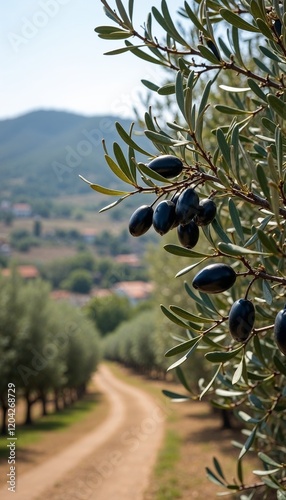 Close-up of black olives on a branch with an olive grove path in the background