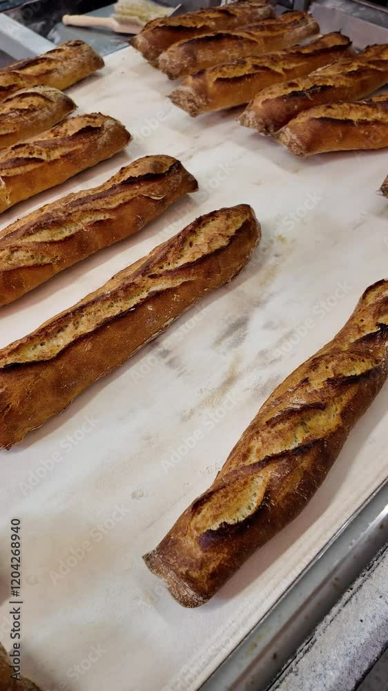 Baguettes de pain fraichement sorties du four de cuisson du boulanger, vue du tapis de cuisson et des baguettes alignées dorées. plan réalisé en boulangerie Française au format réseaux sociaux 