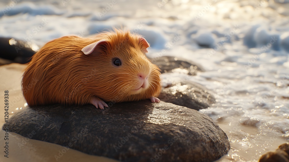 A close-up of a guinea pig resting on a smooth rock along the beach, with the ocean waves softly rolling in around it. A close-up of a guinea pig resting on a smooth rock along the beach, with the ocean waves softly rolling in around it.