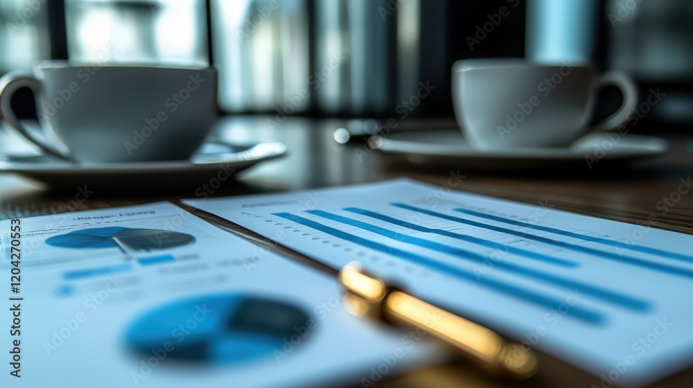 Close-up of business reports and coffee cups on a conference table Close-up of business reports and coffee cups on a conference table
