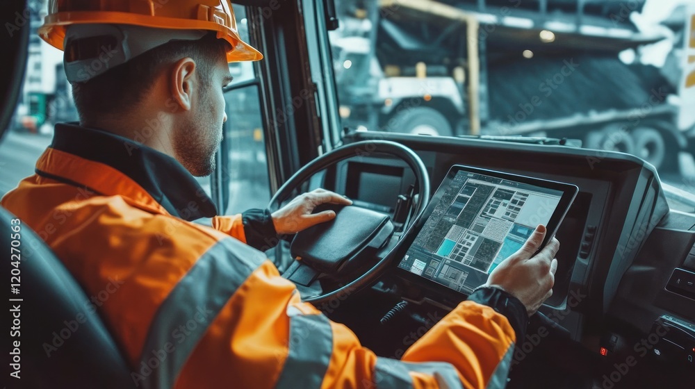 Modern Mining Technology: A Driver Using a Tablet in a Heavy Duty Vehicle