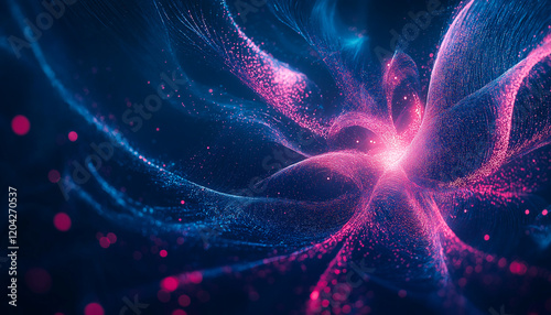 Abstract 3d purple blue flow wave on dark background. Neural green networks and artificial intelligence. Information Waves and Global Database. abstract art, data stream flow, dynamic light movement