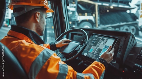 Obraz na płótnie Modern Mining Technology: A Driver Using a Tablet in a Heavy Duty Vehicle w salonie