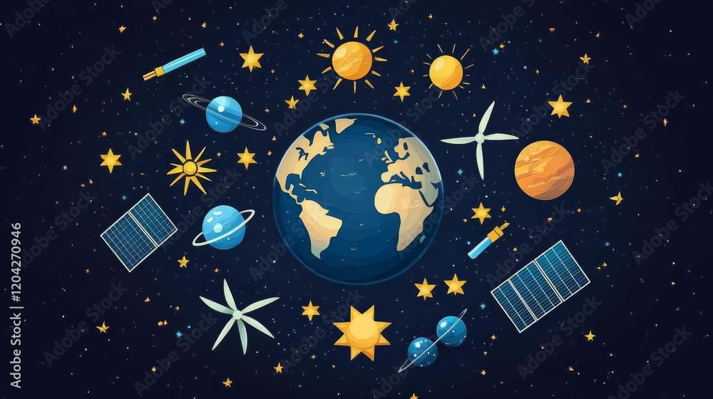 Fototapeta premium Colorful space illustration with planets and stars.