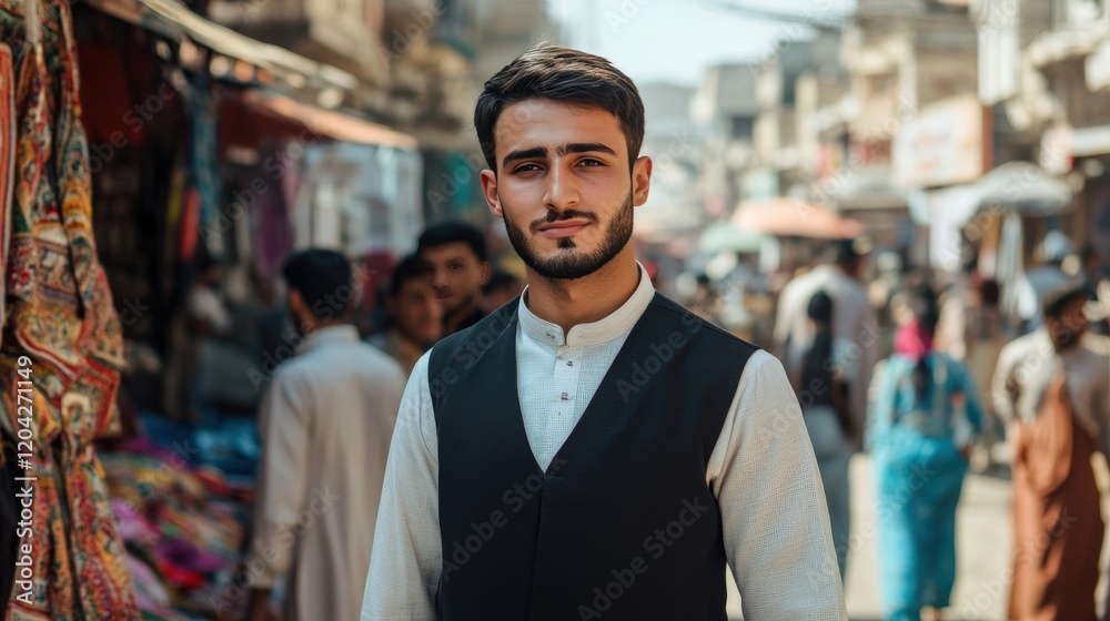 Young Man Posing In A Busy Market Setting Young Man Posing In A Busy Market Setting