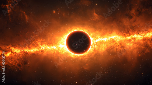 A black hole surrounded by an accretion disk emitting golden and red light, with stars being drawn into its pull, during a dramatic cosmic spectacle