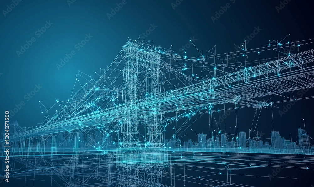 An abstract representation of a bridge created with glowing blue particles against a dark background, evoking a digital or futuristic theme. An abstract representation of a bridge created with glowing blue particles against a dark background, evoking a digital or futuristic theme.