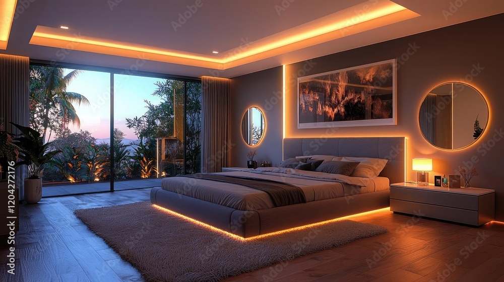 Fototapeta premium Modern bedroom with ocean view, sunset lighting, and minimalist decor; ideal for real estate or interior design