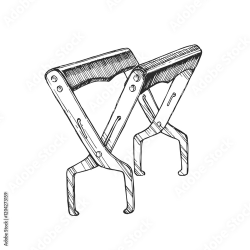 Vector hand-drawn illustration of beekeeping frame holder. Black and white sketch of Clip. Gripper with wooden handles.