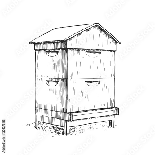Vector hand-drawn illustration of hive. Black and white sketch of beekeeper equipment.