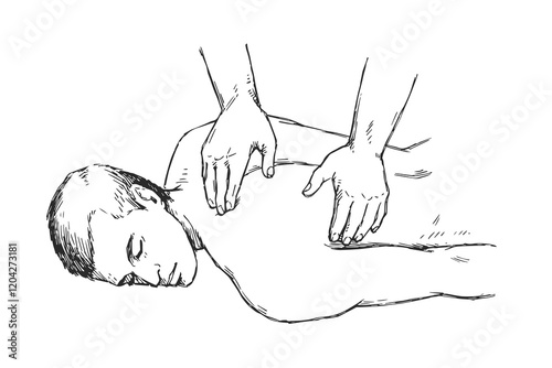Vector hand-drawn illustration of a man receiving a back massage. Manual therapy process. SPA treatment.