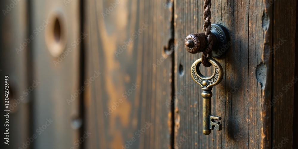 Antique Key Hanging on Rustic Wooden Door, Symbol of Mystery and Access Antique Key Hanging on Rustic Wooden Door, Symbol of Mystery and Access