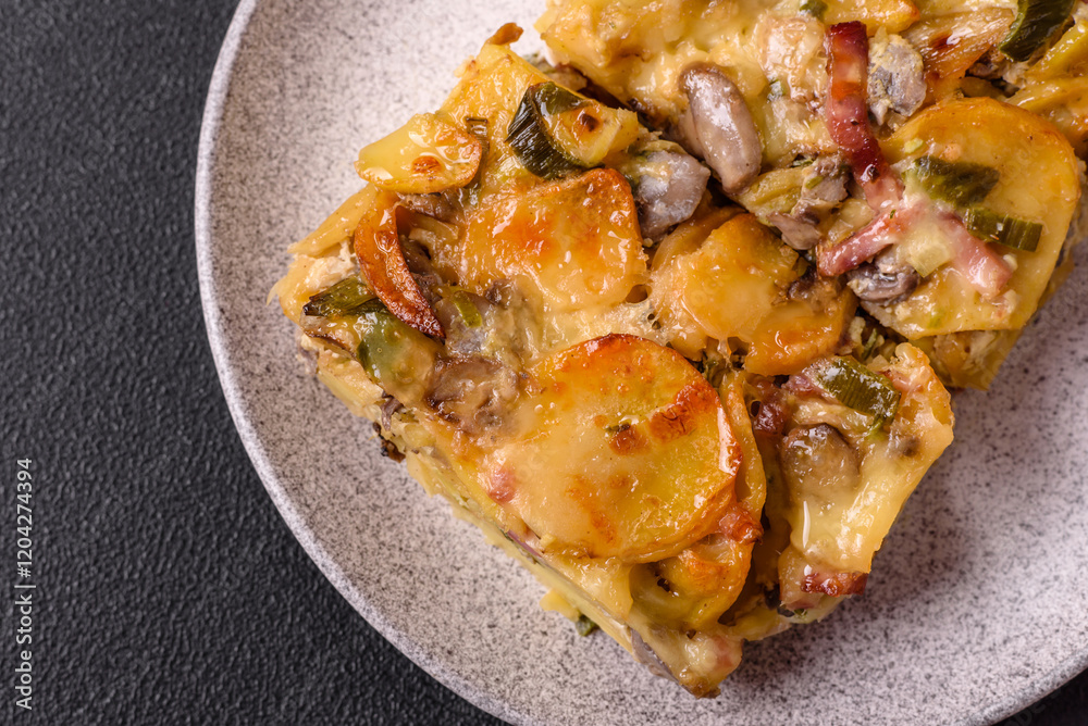 Naklejka premium Shepherd's pie with potatoes, meat, vegetables, salt, spices and herbs