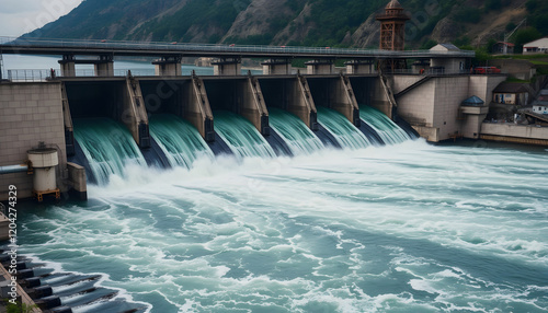 Hydroelectric dam with rushing water and electric turbines turning with the force of the flowing river water , generating clean energy for ecology and zero carbon targets, vintage, with white tones