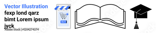 Mobile phone with a shopping cart, an open book, and a graduation cap. Ideal for e-commerce, education-related content, academic projects, online courses, digital libraries, e-learning platforms