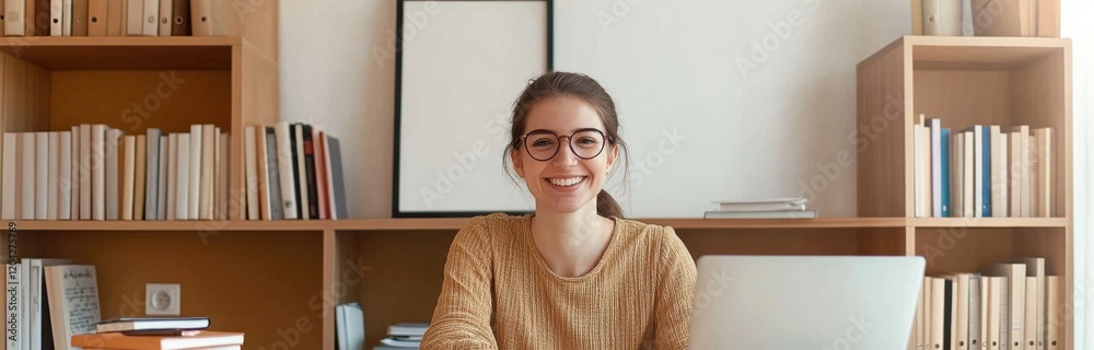 Smiling student working on laptop at home Smiling student working on laptop at home