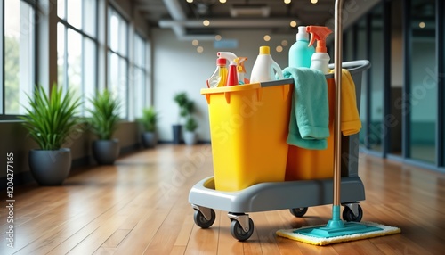 Pro cleaning cart stocked with various cleaning supplies in office setting. Colorful cleaning supplies, cloths neatly organized. Modern commercial janitorial equipment. Well-maintained workplace