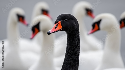 Black swan among white, different unique special leader identity, crowd leadership