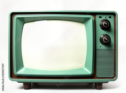 Vintage mint green TV set. Retro style TV receiver on white background. Square shape with blank screen. Old electronic entertainment tech. Isolated object for media display. Dated design evoking photo