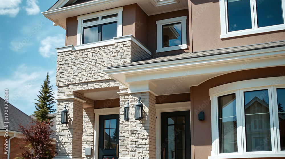 Fototapeta premium Luxury Modern Home Exterior: Stunning Stone Facade and Contemporary Design