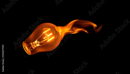 light bulb on fire on black background, simple style, with white tones