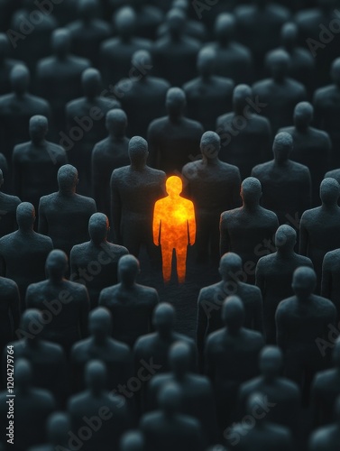 A group of grey human shaped figures with one glowing orange figure in the center standing out, symbolizing leader and strong presence among others Generative AI