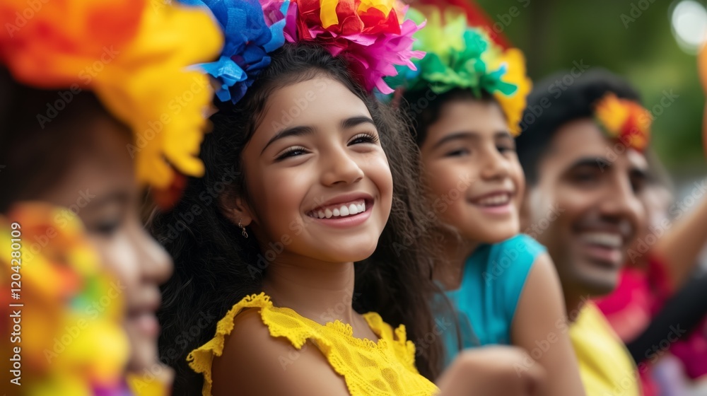 Fototapeta premium A group of people are smiling and wearing colorful headdresses. Scene is happy and festive