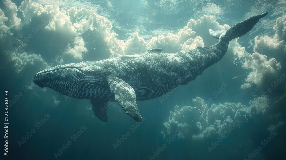 Naklejka premium Majestic Whale Swimming Through Sky with Clouds and Light Rays