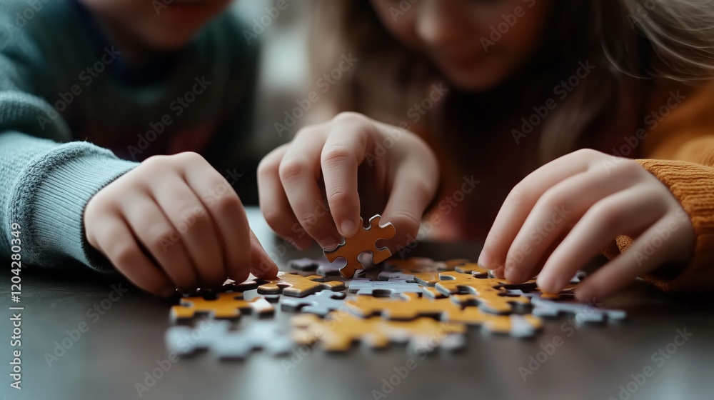 Fototapeta premium Two children are playing with a jigsaw puzzle. One of them is holding a piece of the puzzle
