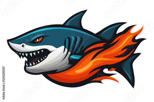 A shark with a fiery tail is shown in a white background. Generative Ai.