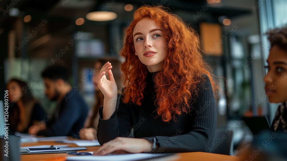 Fototapeta premium A vibrant scene of high school and college students of different ethnic backgrounds working together at a table in a contemporary library. A red-haired female teammate gestures confidently while