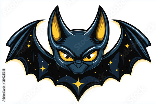 A cartoon bat with yellow eyes and a black body. Generative Ai.