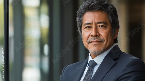 A warm and professional portrait of a confident, mature Hispanic business leader, clean-cut and dressed in an elegant suit, set against a glass-walled office (1)