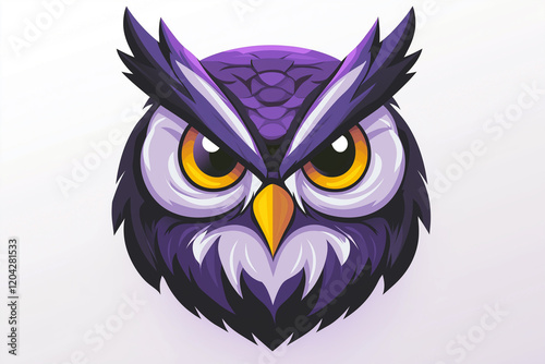 A cartoon owl with yellow eyes and purple feathers. Generative Ai.