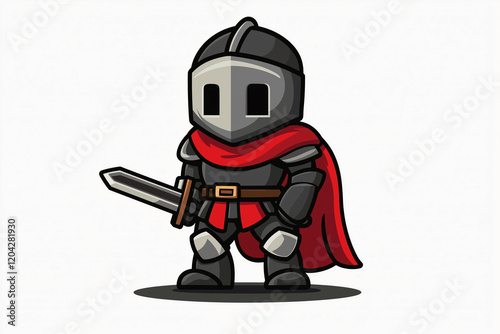 A cartoon knight is holding a sword and wearing a red cape. Generative Ai.