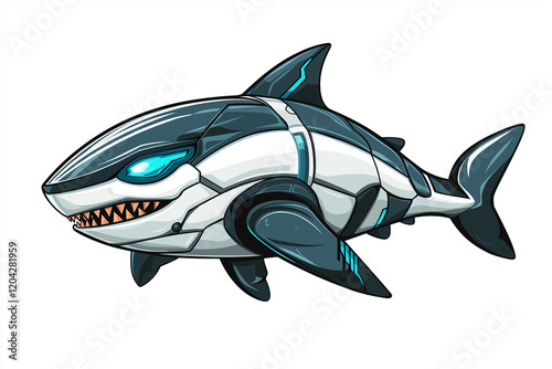 A shark with blue and white fins and a mouth full of teeth. Generative Ai.