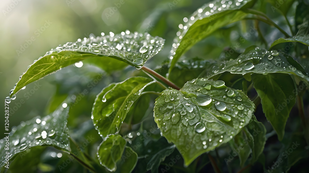 Dew-Kissed Leaves: Close-up of vibrant green leaves glistening with morning dew, capturing the delicate beauty of nature's details. Dew-Kissed Leaves: Close-up of vibrant green leaves glistening with morning dew, capturing the delicate beauty of nature's details.