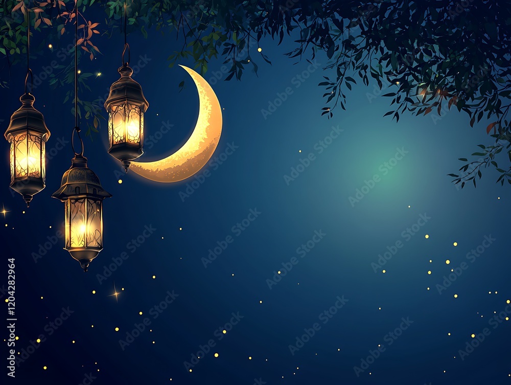 Fototapeta premium Illuminated Lanterns Hanging Underneath a Crescent Moon