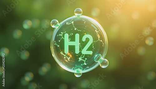 Wallpaper Mural Green Hydrogen H2 gas molecule. Production of green hydrogen energy powered by renewable electricity, sustainable alternative clean hydrogen, detailed, with white tones Torontodigital.ca