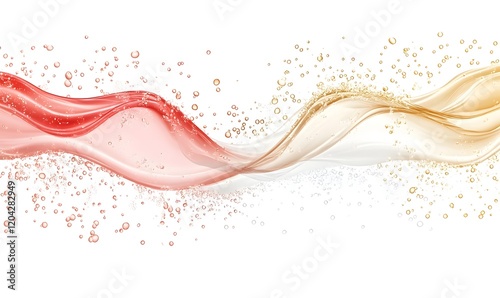 Abstract red and gold liquid waves with bubbles.